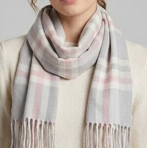 Cashmere Feel White Gray Plaid Acrylic Fringe Rectangle Scarf 12" x 66"